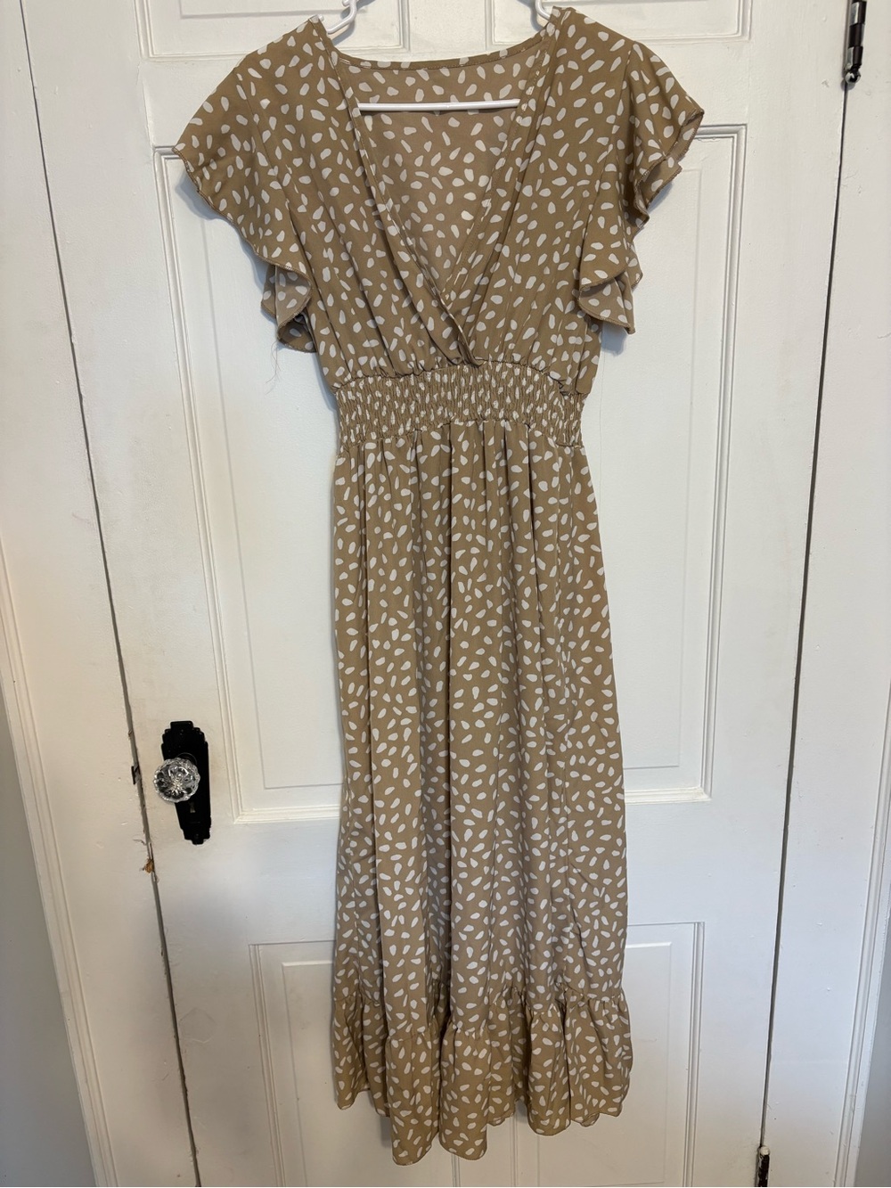 Women's Tan Printed Midi Dress with Ruffle Sleeves